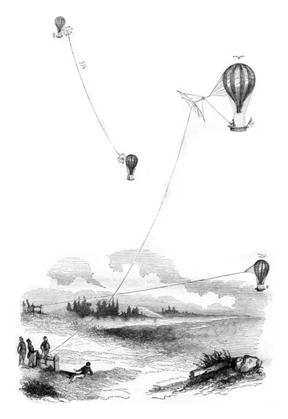 Aerostat, Tetherball, samolot, grawerowanie vintage. — Zdjęcie stockowe