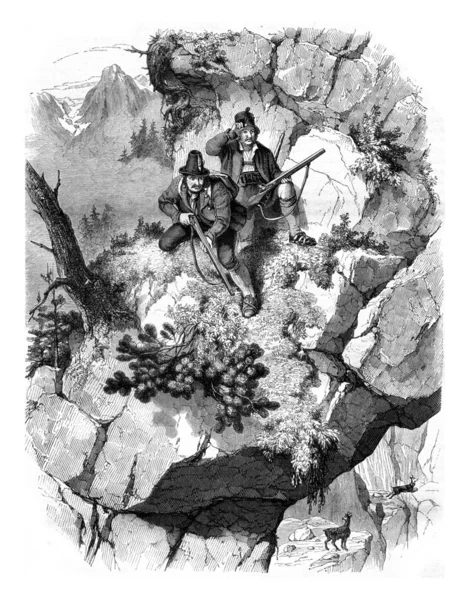 Tyrolean hunters, vintage engraving. — Stock Photo, Image