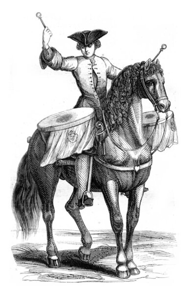 Trombonist a horse, vintage engraving.