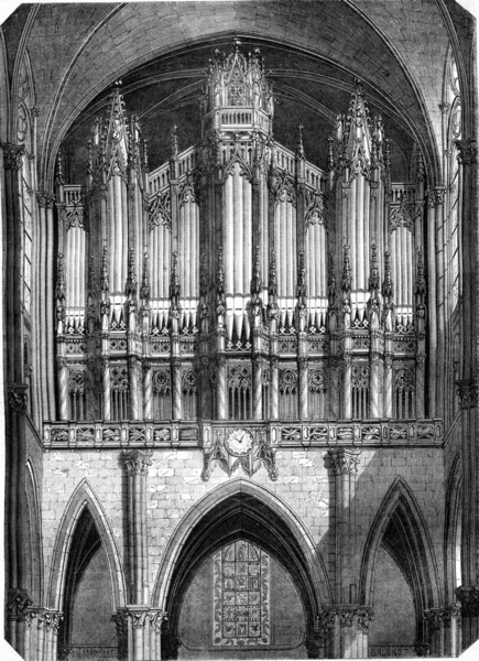 Die orgel der kirche des heiligen denis, vintage gravur. — Stockfoto