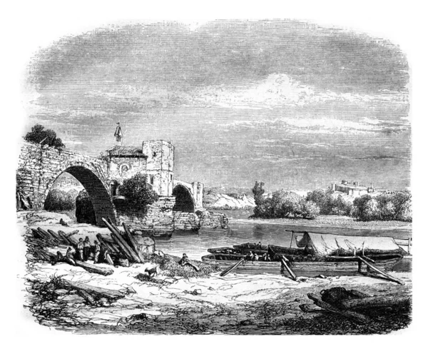 Ruins of Saint Benezet bridge, in Avignon, vintage engraving. — Stock Photo, Image