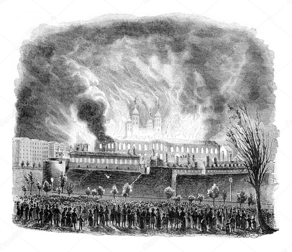 Fire of the Tower of London, vintage engraving.