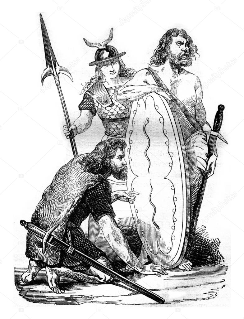 Gallic soldiers, before the Roman domination, vintage engraving.