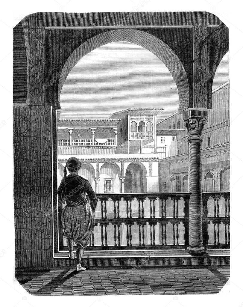 Inside view of the Casbah in Algiers, vintage engraving.