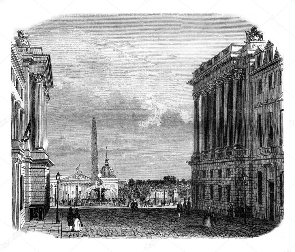 View of the Place de la Concorde, vintage engraving.