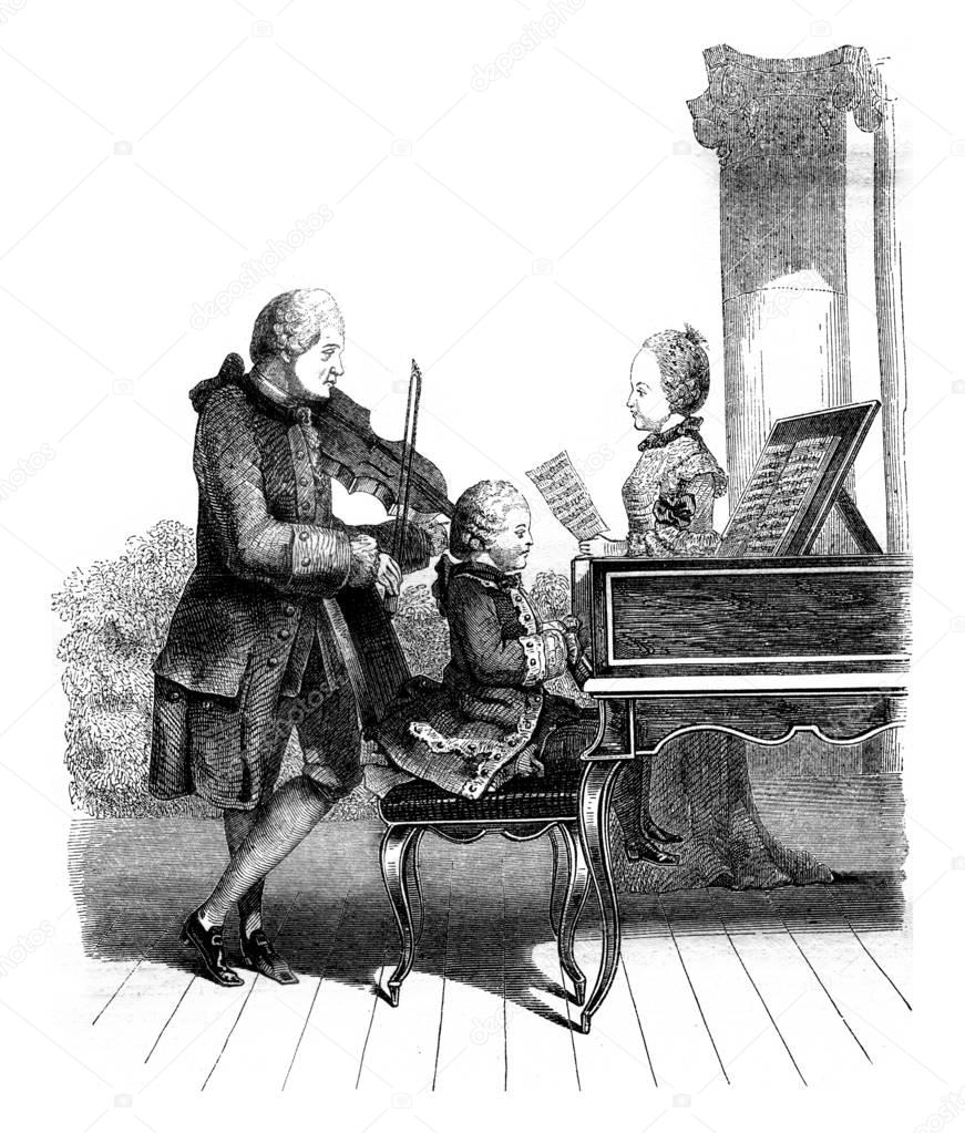 Mozart, his sister and their father, in Paris, vintage engraving