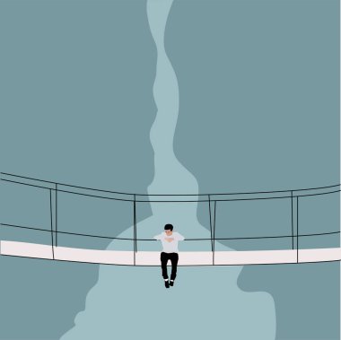 Çocuk köprüde oturuyor, illüstrasyon, vektör beyaz arkaplanda.