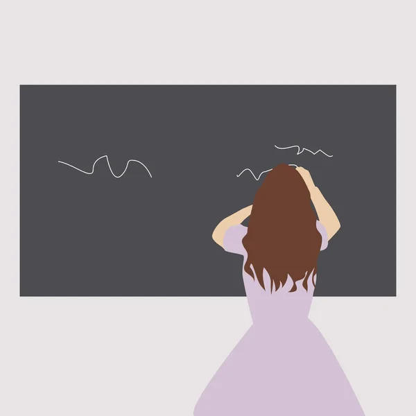 女孩在黑板上写字，插图，白色背带上的矢量 — 图库矢量图片