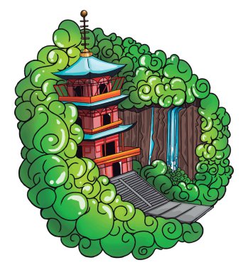 Yeşil ormandaki bir şato, illüstrasyon, beyaz sırtlı vektör.