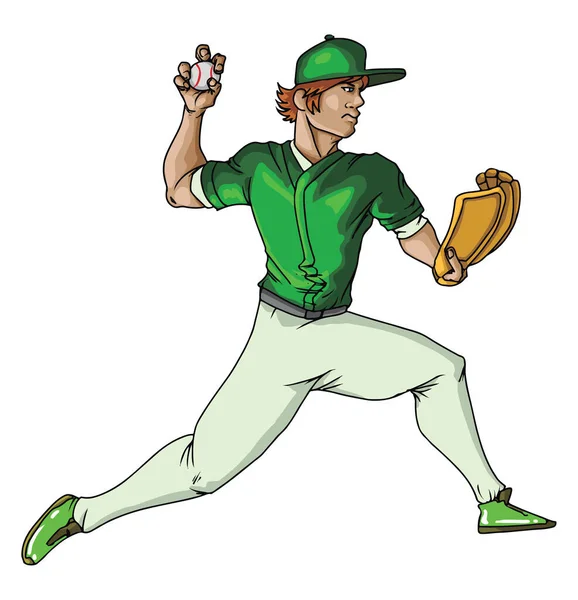 Бейсболист бросает мяч, иллюстрация, вектор на белом Б — стоковый вектор