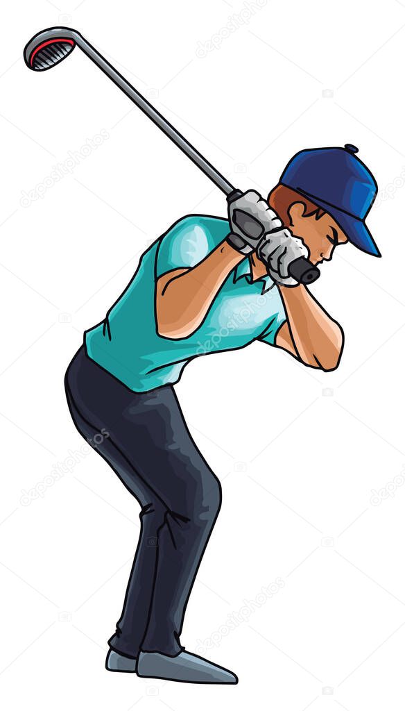 Golf player swings with a golf club, illustration, vector on whi