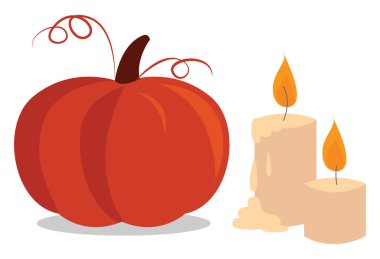 Mum ve resimli Cadılar Bayramı kabağı, beyaz arkaplanda vektör.