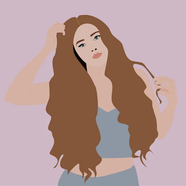 Gadis Dengan Rambut Keriting Ilustrasi Vektor Pada Latar Belakang Putih - Stok Vektor