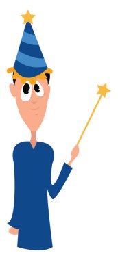 Mavili sihirbaz, illüstrasyon, beyaz arkaplan üzerindeki vektör.