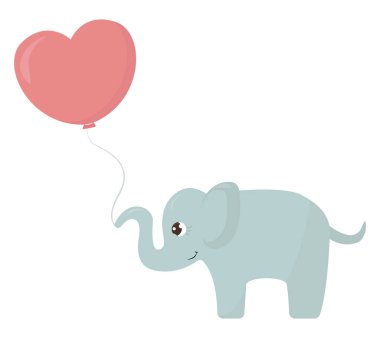 Beyaz arkaplanda kalbi, illüstrasyonu, vektörü olan fil.