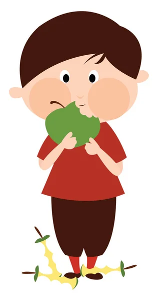 Παιδί Τρώει Μήλο Εικονογράφηση Διάνυσμα Λευκό Φόντο — Διανυσματικό Αρχείο