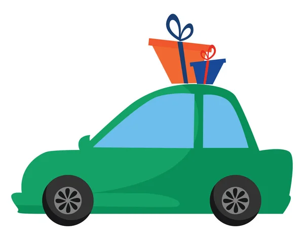 Groene Auto Met Cadeautjes Illustratie Vector Witte Achtergrond — Stockvector