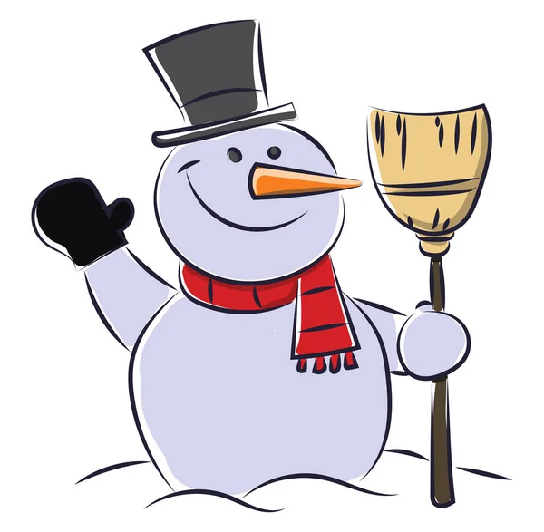 Muñeco Nieve Con Escoba Ilustración Vector Sobre Fondo Blanco — Vector de stock