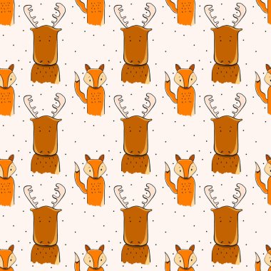 Geyik ve tilki, illüstrasyon, beyaz arkaplanda vektör.