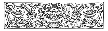Süslü ve süslü desenleri olan bir dekoratif ayırıcı ve yinelenen çiçek ve yaprak tasarımları, klasik çizgi çizimi veya kabartma çizimi.