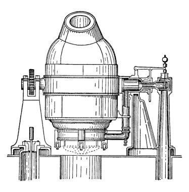 Sir Henry Bessemer invented this furnace that creates Bessemer steel by burning carbon out of cast iron. It shows three different size od bassemer steel machine in it, vintage line drawing or engraving  clipart