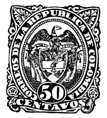 Kolombiya Cumhuriyeti Damgası (50 centavos) 1888-1889 yılları arasında, küçük yapışkan bir kağıt parçası, ödenen bir miktar parayı, klasik çizimleri veya kabartma resimlerini gösteren bir şeye yapışmıştı..