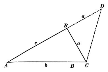 Geometrik yapının tipik bir temsili, üçgenin herhangi iki kenarının toplamının üçüncü kenardan, vintage çizgi çiziminden veya gravürden daha büyük olduğunu kanıtlamak için kullanılır..