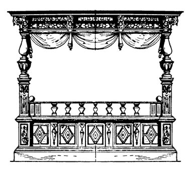 Boyutları büyüktü ve bir kürsüye baş aşağı yerleştirilmişti. Kubbeli bir çerçevesi vardı. Örtü ve asıklarla süslenmişti. Klasik çizim ya da kabartma resimlerle..