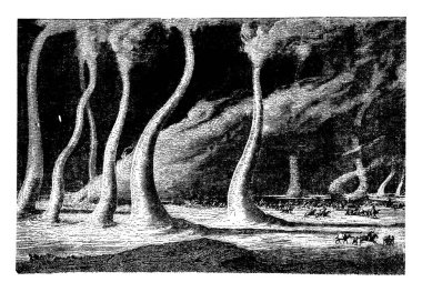 Havada büyük miktarda kum kıvrımından oluşan bir fırtına ve insanlar sığınağa, klasik çizim ya da gravür resimlerine doğru koşuyorlar..