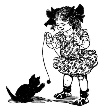 Küçük bir kız bir iplik yumağına vurarak oynayan, içinde bebek olan üç farklı resim gösteren, klasik çizim ya da gravür yapan bir kedicik. 