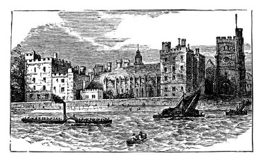 Nehrin karşısındaki Lambeth Sarayı 'nın binası Canterbury Başpiskoposunun Londra' daki eviydi. 17. yüzyılda yapılmış, klasik çizim ya da gravür çizimi.