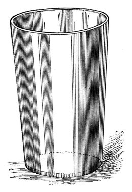 Yüzeyde yatay konuma yerleştirilmiş orta büyüklükte bir yuvarlak levhanın yan görünümü, klasik çizgi çizimi veya gravür çizimi.