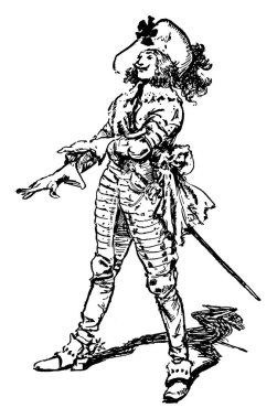 The picture depicts a knight, a mounted soldier in armour, preparing himself to ride, vintage line drawing or engraving illustration. vector