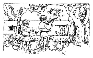 The picture depicts the back view of two small children on a farm with a number of animals like dog, swan, cat, pig; and feeding the cow, vintage line drawing or engraving illustration.