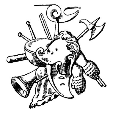 Renascence 'ın bir çizimi, balta ve el gibi dekoratif tasarımlarla metal çanak kovaladı, klasik çizim ya da gravür çizimi.