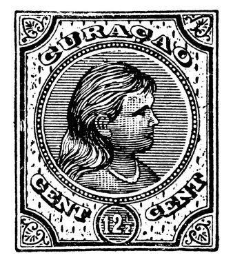 Curacao Stamp (12-1/2 cent) from 1892-1893, a small adhesive piece of paper was stuck to something to show an amount of money paid, vintage line drawing or engraving illustration.