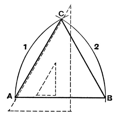 Bir ikizkenar üçgen oluşturma yöntemini gösteren bir resim, eşit uzunlukta iki kenarı olan bir üçgen, vintage çizgi çizimi veya gravür çizimi.