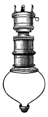 An Arc Lamp which is the type of electric lamps. It is invented by Humphrey Davy in 1800. It consists of two electrodes and filled with some gas, vintage line drawing or engraving illustration. clipart