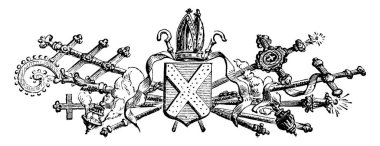 Merkezinde süslemeli haç ve kalkan olan Kraliyet Doodad, klasik çizim ya da gravür çizimi.