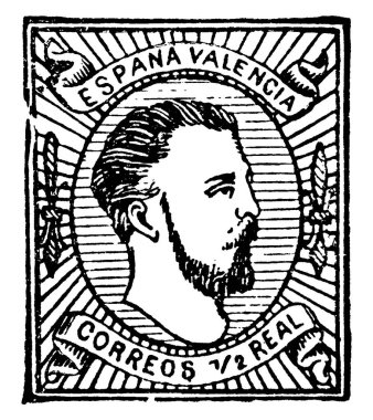 İspanya Damgası (1 / 2 gerçek), 1874 'ten kalma küçük yapışkan bir kağıt parçası, ödenen paranın miktarını göstermek için bir şeye yapışmış, esasen bir posta pulu, vintage çizim veya gravür.