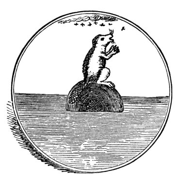 Sudaki bir kerestenin tepesinde bir kunduz totemi. Huron yerli kabilesinin temsilcisidir. Klasik çizim ya da gravür..