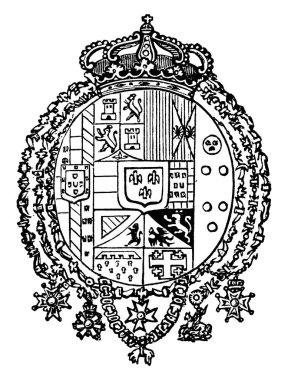 Coat of Arms, Two Sicilies, engraved with repeated designs and patterns of flowers, animals and some other shapes, vintage line drawing or engraving illustration. clipart