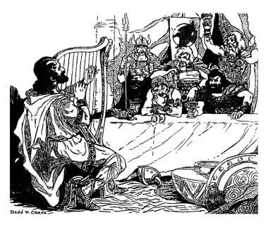 Tablo ve cam elinde tutan ve arkasından, ARP onların önünde oynayan bir adam ayakta askerler yakınında oturan Kral, vintage satır çizim veya illüstrasyon oyma