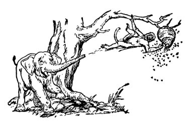 Filin çocuk, bu sahneyi bir maymun arı kovanı ve maymun onun Gövde, vintage çizgi çizme veya oyma resimde arılar kaydetme bir fil tatlım almaya çalışırken ağacının dalını gösterir