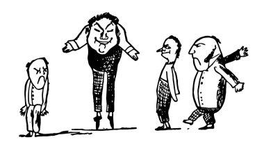 Edward Lear, bu sahneyi bir adam ipuçları onun ayak parmaklarını ve onun yanında duran ve onu, vintage çizgi çizme veya oyma illüstrasyon bakıyor üç adam ayakta gösterir.