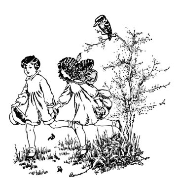 Nasıl çocuk kaydedilen ayılar, bu sahneyi iki çocuk el ele tutuşarak ve çalışan, ağaç, vintage çizgi çizme veya oyma illüstrasyon dalı üzerinde oturan bir kuş gösterir