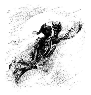 Gorgon'ın, bu sahneyi bir kadın ve erkek birlikte hava, vintage çizgi çizme veya oyma illüstrasyon uçan gösterir