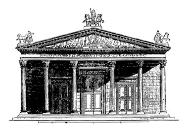Jüpiter Tapınağı, Roma, Aedes Iovis Optimi Maximi Capitolini, Capitoline, vintage çizgi çizme veya oyma illüstrasyon en büyük Capitolinus.
