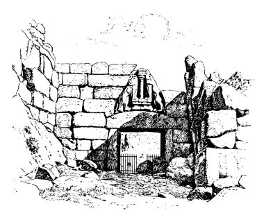 Mycenae, Mikines, Yunanistan, kilometre, güneybatısında, Atina, Kuzey-Doğu, Peloponnese, çizim veya şekil oyma vintage çizgi