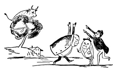 Edward Lear's Rhymes, this scene shows three men raising hands and cow on tree, house in background, vintage line drawing or engraving illustration clipart